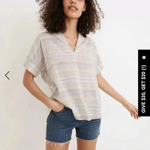 Madewell Crinkle Hayden Popover Top in Stripe size L - Picture 1 of 10